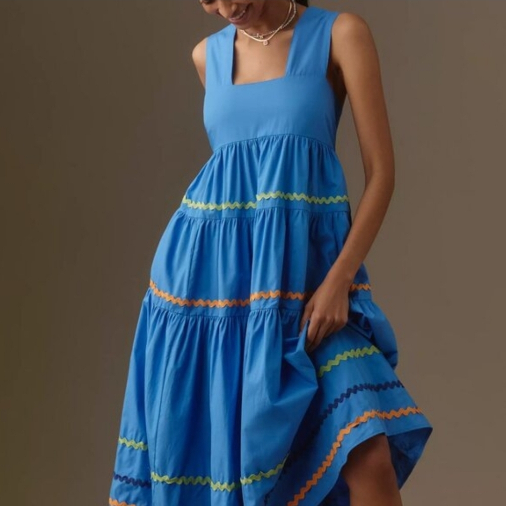 Anthropologie Vibrant Blue Maxi Dress with Orange and Green Trim